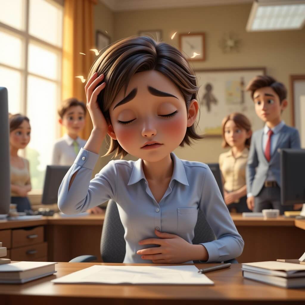 東和サーキット 女性が頭が痛くて手で頭を支え体調が悪い様子